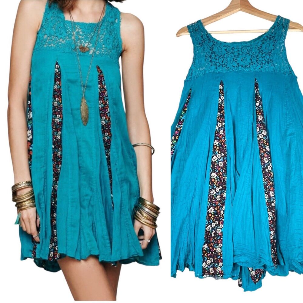 Intimately Free People SIZE XS Mini Dress Blue Green Teal Floral Lace Boho FP